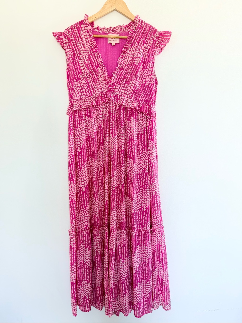 Banjanan Constance Pink Print Ruffle Cotton Maxi Dress S